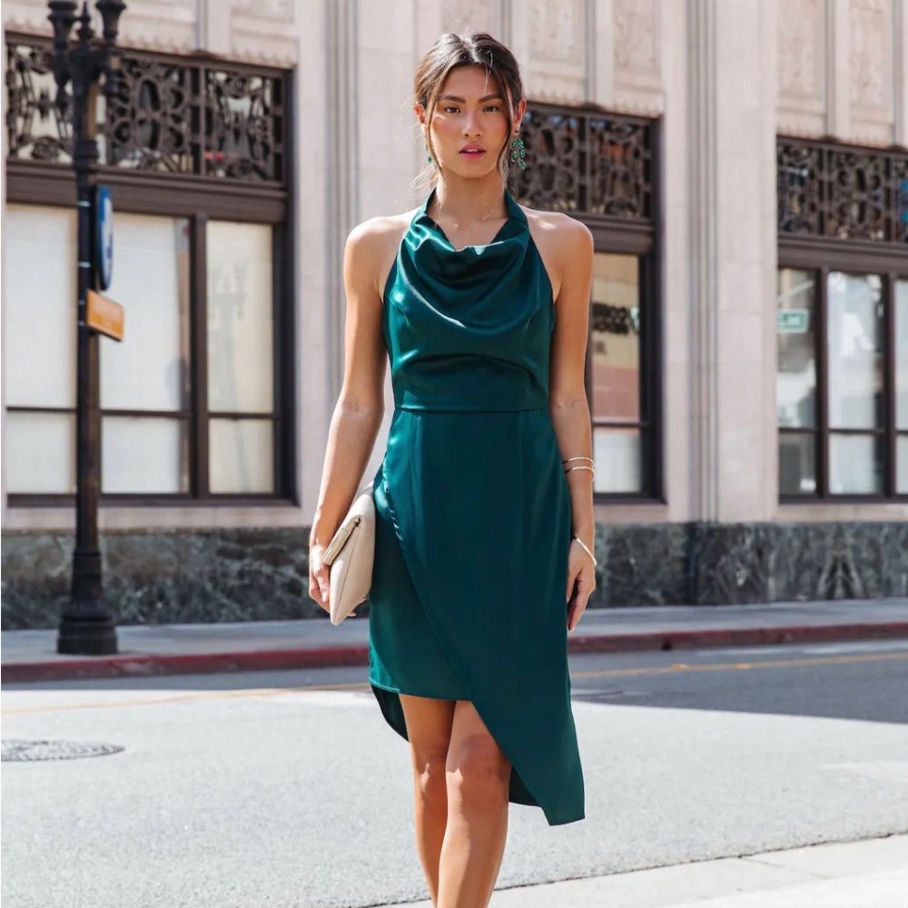 Kendra Satin Halter Cowl Neck Asymmetrical Midi Dress